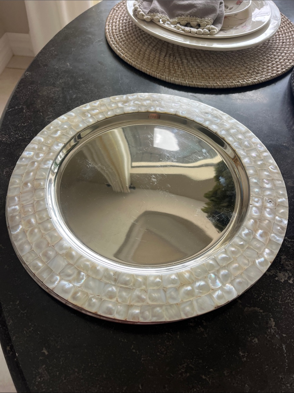 Pier One set of 4 steel charger plates with mother of pearl inlay. 13" round.